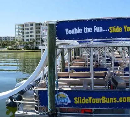 Rent a double decker pontoon and ride to Crab Island. This dock is downstairs.