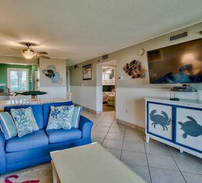 View from living room into dining and kitchen area