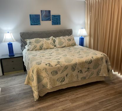 The master bedroom includes a king bed. 