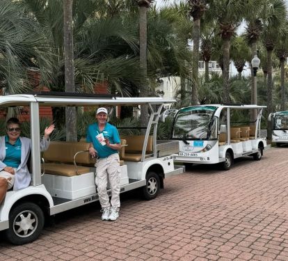 Ride trams to the beach access, or stroll 4 blocks thru palm lined streets.