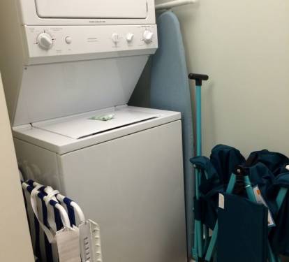 Washer/dryer located in unit. Beach cart, chairs and sand toys provided.