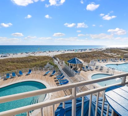View of 2 pools, kiddie pool, and beach from your balcony