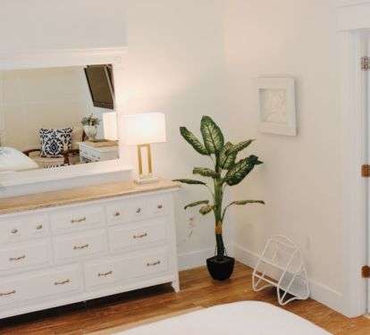 Master bedroom with dresser, tv, walk in closet and full bath attached