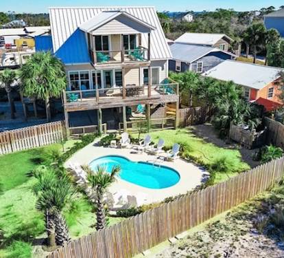 aerial view of home and pool
