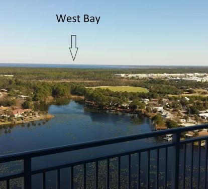 View from street side showing Lulwater Lake, West Bay, Pier Park, Frank Brown Pk