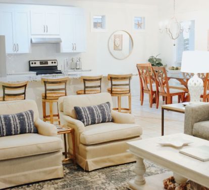 Living area open to kitchen and full dining table