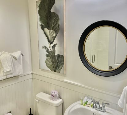 Guest Bath with Glass Enclosed Shower Stall - Cute Powder Room off Hallway.