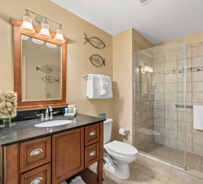 Bathroom with walk in shower and vanity.