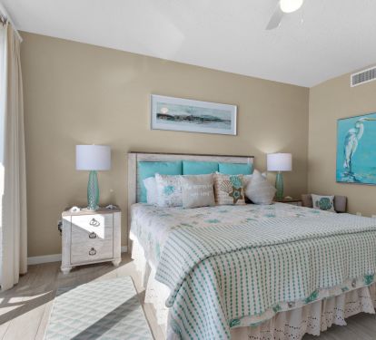 Master Bedroom features a king bed, smart TV, attached bathroom &amp; balcony access