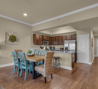 Dining room and fully stocked kitchen