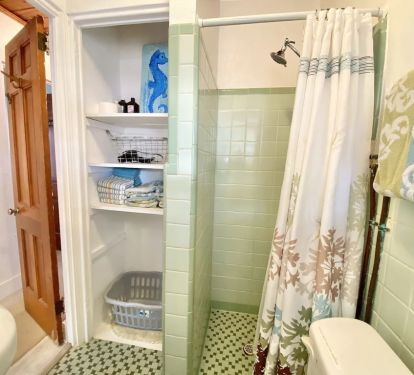 Bath with Small stand-up Shower &amp; Pedestal Sink Additional Outdoor Shower w/ Hot &amp; Cold water
