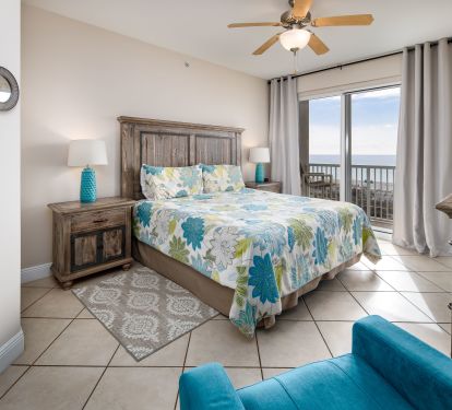 Our spacious primary bedroom has Gulf views and a private bath!