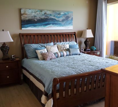Master has incredible view w/huge bathroom, walk-in closet and 60&rdquo; Smart TV.