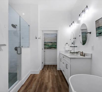 Windsong-21 Bedroom 1 bath, pic 2. 1st floor. King with private bath. Freestanding tub, full walk-in shower, double quartz vanity.