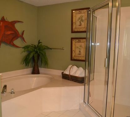 Master bath with jacuzzi tub and shower &amp; has a separate vanity area with sink.