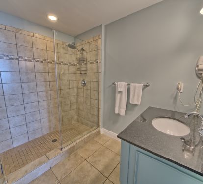 Master bath with large walk in shower and hair dryer!