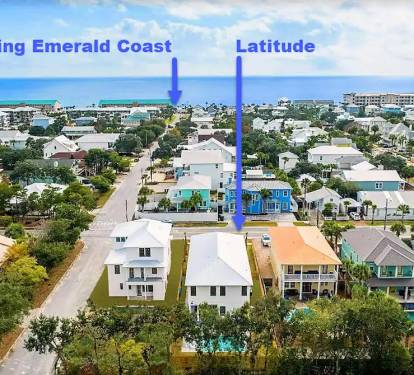 Latitude-5 Less than a minute by golf cart, or an easy two block stroll is Destin's newly renovated "Shores at Crystal Beach" access as well as 5 other neighborhood (less crowded) beach accesses.