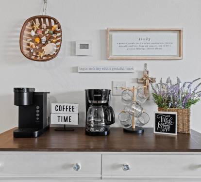 It&rsquo;s coffee time! Our coffee bar features a Keurig and a drip-style coffee maker. You&rsquo;ll also find K-Cups, sweeteners, and creamers included with your stay!