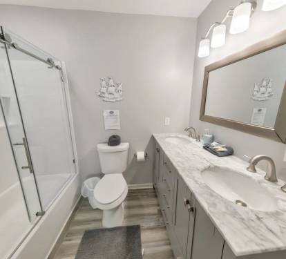 Full bathroom with a tub/shower combo, double vanity, and modern design.