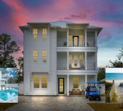 Ovation-1 Newly built in 2024, Ovation is a designer-grade beach residence that comfortably accommodates 21 guests. Situated near the finest beaches on 30A! Enjoy Ovation's free private pool, golf cart, and paddleboards.