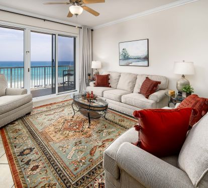 Our gulf front living room has plenty of seating for family movie nights! 
