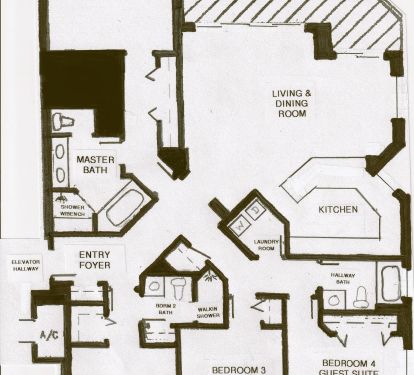 Floorplan of our 1206 condo.  10 guests can sleep in the privacy of bedrooms!