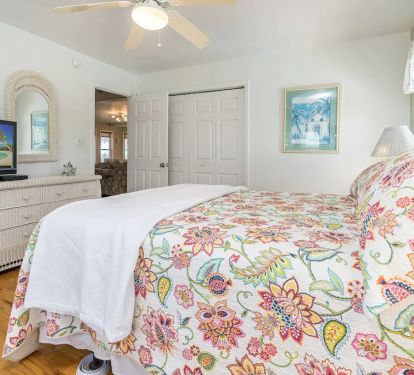 Queen bedroom with TV, dresser and large closet