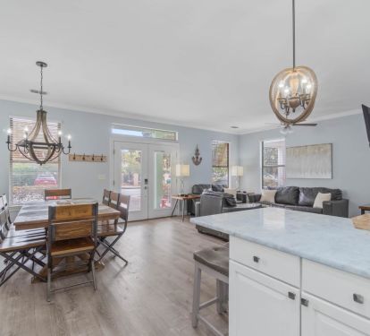 Looking from kitchen to dining area and living room