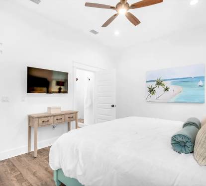 Latitude-14 1st Floor. Bedroom 1. Picture 2. King suite with private full bath with frameless glass walk-in shower.