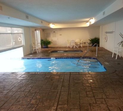 Large heated indoor/outdoor pool and indoor hot tub.
