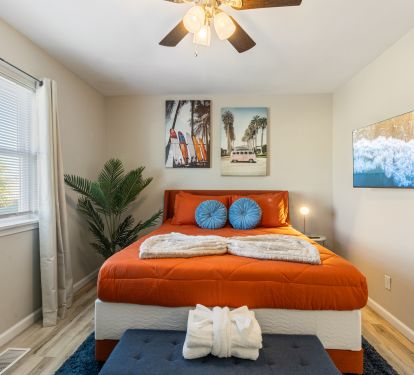 Bright, stylish bedroom with vibrant coastal decor ï¸âœ¨