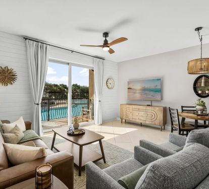 The Living Room offers a mix of modern and mid century with a combination of different textures throughout the living space to offer an eye pleasing palette.
