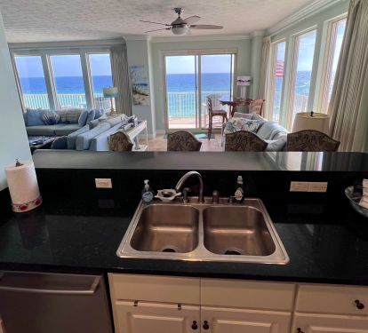 View from our Kitchen with stainless steel appliances, granite counter tops with view of Gulf