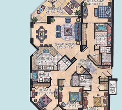 Spacious floor plan of our 4 bedroom condo.  Furniture drawn does not apply.