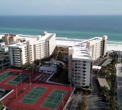 Drone Photo Looking at Tennis / Pickleball Courts, Out to the Gulf of Mexico.