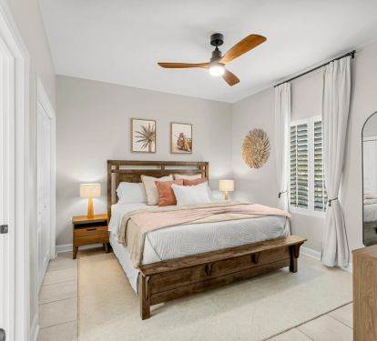 Relax and unwind in this stylish bedroom. King size bed offers a luxury mattress for complete comfort. Also you will find a full length mirror, ceiling fan, 55 in smart tv with cable and apps. Charging stations on each nightstand complete the space.