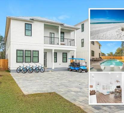 Latitude-1 Brand new, 8 bedroom home with (seasonally heated) pool and paddleboards and 6 seat golf cart. Central to Destin's best shopping, dining, and activities. Less than two blocks from Destin's famous Emerald Coast!