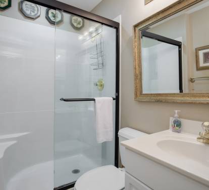 Guest bathroom has a walk-in shower with convenient seat.