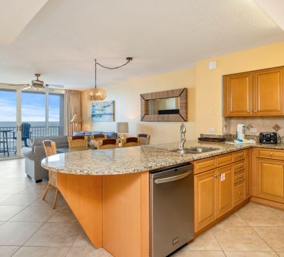 Notice the open flow between the kitchen, dining and living areas