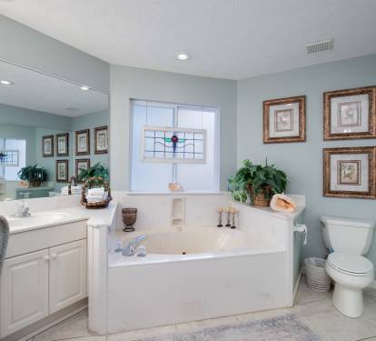 Master bathroom offers dual vanities, walk-in shower, and soaking tub.
