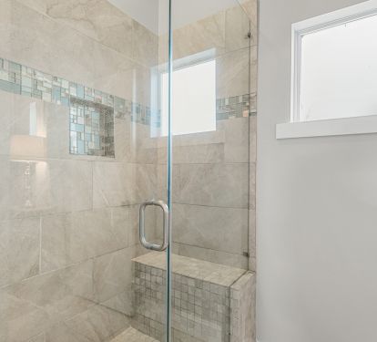 Master en suite bathroom, twin vanity and walk-in shower