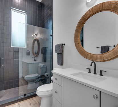 Bathroom with stunning design and a walk-in shower.