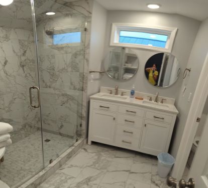 This is the new bathroom with double sinks and a huge shower!