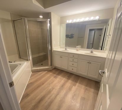 Master bathroom with walk in shower and soaking tub.