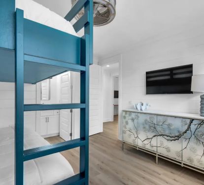 Whimsy-22 Bedroom 3. Pic 3. Queen over queen bunkroom (sleeps 4) with attached bath.