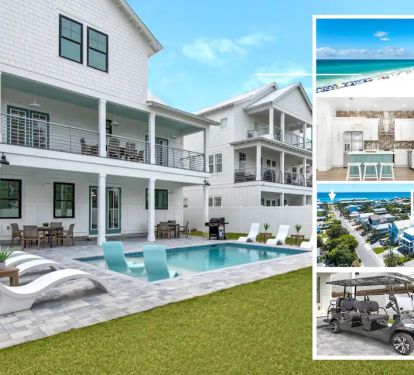 Windsong-1 Just listed! brand new (2023 build) designer 8 bedroom beach home with seasonally heated pool and slash deck. Sleeps 19 (not including sofas). Includes free golf cart, 2 paddleboards. Less than 528 feet to Destin&rsquo;s beaches!
