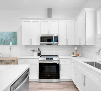 Bliss-11 Stylish tile backsplash; stainless appliances and farm sink gleam in Bliss's kitchen that has been carefully stocked and inventoried for your large family or group.