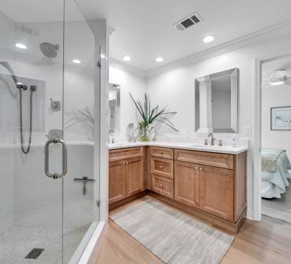 Newly renovated master bath with walk-in shower.