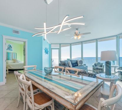 A colorful custom distressed plank table adds a distinctive touch