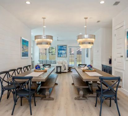 Mariner-13 stylish dining area accommodates up to 24 at its 2 main dining tables, with additional seating for 3 at the kitchen island and 10 at the al fresco pool dining decks. That's plenty of space for your entire group to share a special meal.